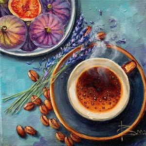 Coffee, cup of coffee, figs, morning coffee, lavender, Art illustration, lovers gift, Original impressionistic, Oil painting original