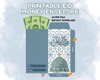 May include: Printable Eid money envelope with a blue and white design. The envelope features a mosque illustration and Arabic calligraphy. Includes space for "To:" and "From:" and comes with a PDF file for instant download.