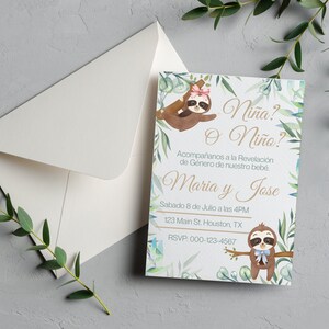 Spanish Sloth Gender Reveal, Digital Download, Editable Template