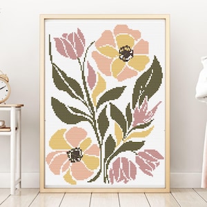 Cross Stitch Pattern Modern Floral Abstract, Modern Flowers, Easy X-stitch Pattern, Cross Stitch Chart Geometric Flowers, Instant Download