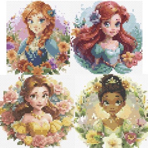 12 Cross Stitch Patterns Princess 60x60 Mini Design Custom Counted Cross Stitch Chart PDF Instant Download, Easy Cross Stitch Cartoon Girls