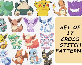 Pokémon Cross Stitch Pattern Anime Embroidery Pikachu, Eevee, Bulbasaur, Charmander, Squirtle, Pokemon Generation, Kawaii Easy Cross Stitch