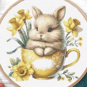 Kruissteekpatroon schattig konijntje, moderne kruissteekbloemen, borduurbestand Pasen, pdf bloemen kruissteek, kruissteekpatroon lente