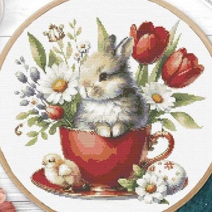 Cross Stitch Pattern Cute Bunny, Modern Cross Stitch Designs, Easter Embroidery File, Floral Cross Stitch PDF, Spring Cross Stitch Pattern