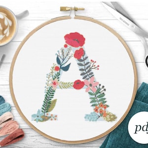 Cross Stitch Alphabet, Cross Stitch Pattern, Letter A, Embroidery Letters, Instant Download, Counted Cross Stitch, PDF Floral initial Decor