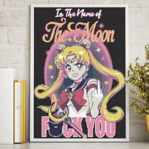Snarky Cross Stitch Pattern Anime XStitch Design PDF, Sarcastic Subversive Design Modern Cross Stitch Chart Digital Download Moon Full Cover