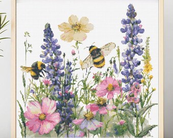 Bees and Wildflowers Cross Stitch Pattern PDF – Bumblebee Floral Embroidery – Meadow Flowers Needlework – Cottagecore Garden Design XStitch