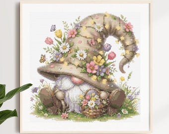 Floral Mushroom Gnome Cross Stitch Pattern, Cottagecore Embroidery Design, Woodland PDF Needlework, Fantasy Garden Decor