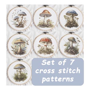 Könnte beinhalten: Set mit sieben Kreuzstichmustern mit Aquarell-Illustrationen von Pilzen in verschiedenen Farben und Stilen. Jedes Muster ist in einem Holzreifen gerahmt.