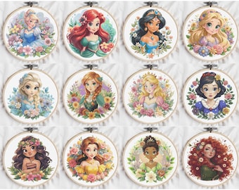 Cross Stitch Pattern Princesses, Floral Embroidery Designs, Counted Cross Stitch PDF Cartoon Characters XStitchFor Beginners Digital