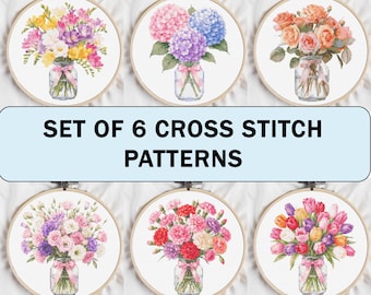 Set of 6 Floral Cross Stitch Patterns, Flower Bouquets in Mason Jars PDF, Romantic Embroidery Bundle, Cottagecore Needlework