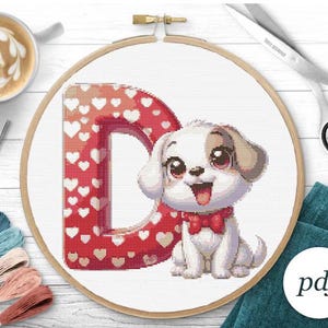 Patrón de punto de cruz para bebé, diseño de bordado de letra D de perro, alfabeto, punto de cruz personalizado, descarga instantánea, inicial de punto de cruz, arte de monograma