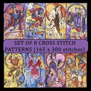 Puede incluir: Conjunto de 8 patrones de punto de cruz con ilustraciones coloridas de personajes de Disney al estilo vidriera. La imagen incluye el texto "SET OF 8 CROSS STITCH PATTERNS (165 x 300 stitches)". Los patrones miden aproximadamente 42 x 76 cm.