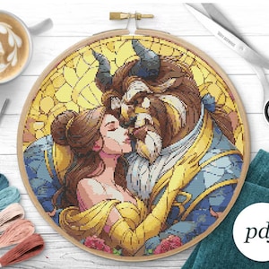 Stained Glass Kreuzstich Muster Prinzessin Embroidery Design Kreuzstich PDF Cartoon Charaktere Beauty Belle Full Cover Art