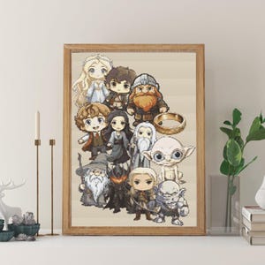 May include: A framed print featuring a group of cartoon characters from the Lord of the Rings, including Frodo, Gandalf, Legolas, and Gollum. The characters are depicted in a chibi style, with large heads and small bodies. The print is set against a beige background and includes the iconic One Ring.