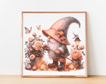 Cute Gnome Cross Stitch Pattern, Floral Fantasy Embroidery Design, Cottagecore PDF Needlework, Whimsical Garden Decor