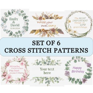 Conjunto de 6 padrões de ponto cruz para casamento, coroa de flores, personalizado, presente de aniversário, presente de noivado, download digital em PDF.