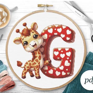 Patrón de punto de cruz para bebé recién nacido - Linda jirafa - Punto de cruz para guardería - Regalo para baby shower - Letra G - Punto de cruz moderno en PDF - Diseño de monograma
