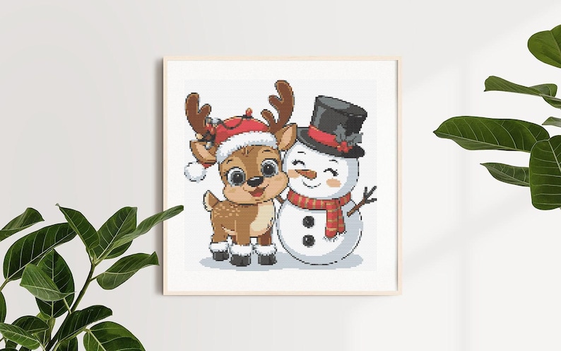 Christmas Cross Stitch Pattern – Funny Deer and Snowman Embroidery PDF, Holiday XStitch Chart Easy Pattern Gift for Kids Seasonal Art Winter