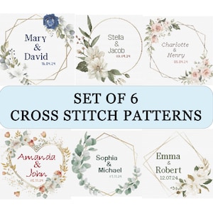 Wedding Cross Stitch Pattern Set of 6 Floral Wreath Personalized Counted Cross Stitch Anniversary Gift Engagement Gift, Digital Download PDF