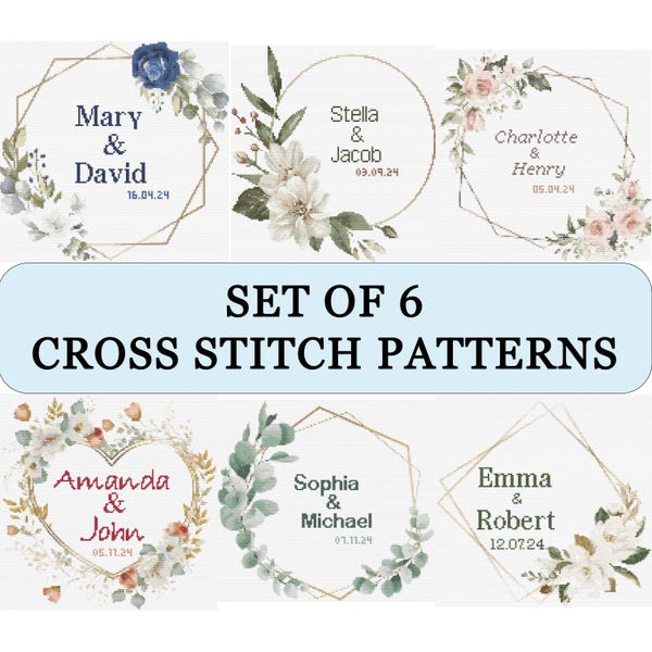 Wedding Cross Stitch Pattern Set of 6 Floral Wreath Personalized Counted Cross Stitch Anniversary Gift Engagement Gift, Digital Download PDF