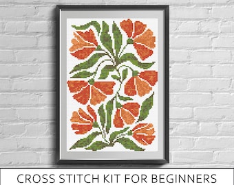 Modern Floral Cross Stitch Kit for Beginners, DIY Embroidery Kit with Printed Pattern, Easy Flower Needlepoint Kit, Craft Gift for Her