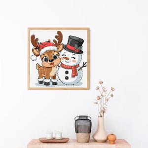 Christmas Cross Stitch Pattern – Funny Deer and Snowman Embroidery PDF, Holiday XStitch Chart Easy Pattern Gift for Kids Seasonal Art Winter