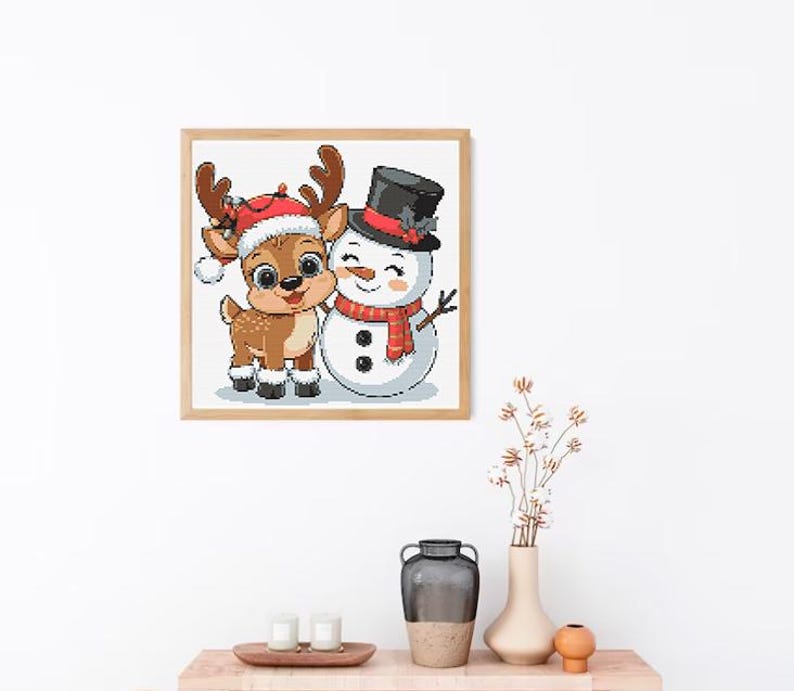 Christmas Cross Stitch Pattern – Funny Deer and Snowman Embroidery PDF, Holiday XStitch Chart Easy Pattern Gift for Kids Seasonal Art Winter