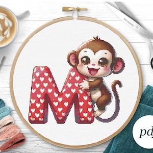 Bebê ponto cruz alfabeto bordado letra M padrão digital macaco ponto cruz inicial download instantâneo monograma decoração de quarto infantil faça você mesmo
