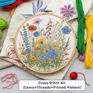 Wildflowers Cross Stitch Kit – Colorful Meadow Embroidery Set with Threads, Canva Aida, Needle & Printed Pattern – DIY Floral Handcraft Gift