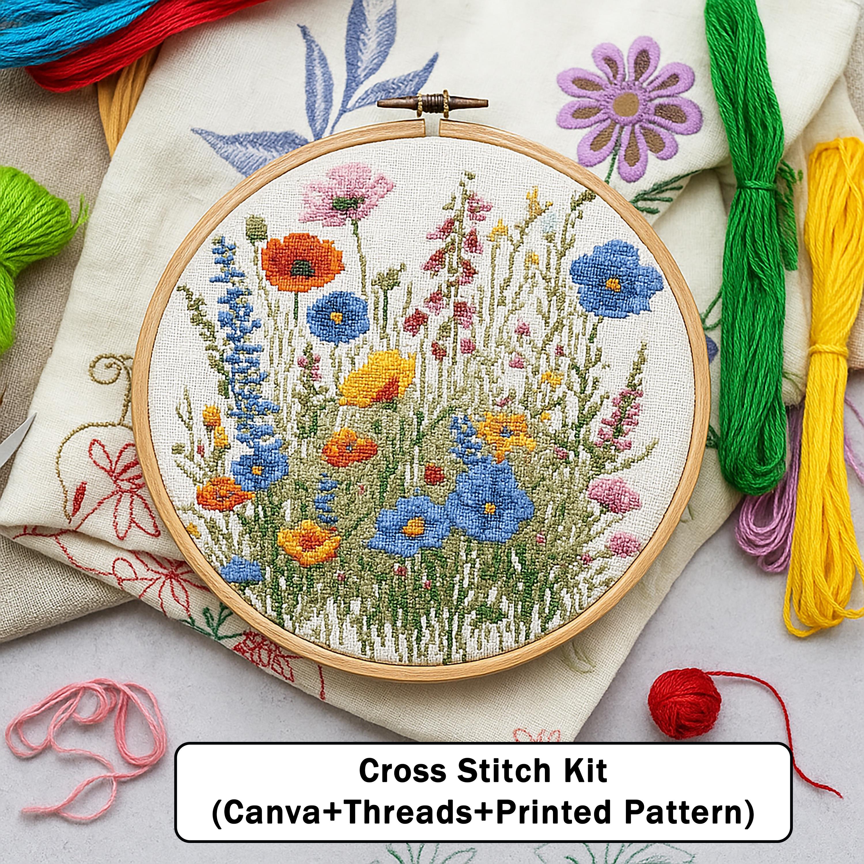 Wildflowers Cross Stitch Kit – Colorful Meadow Embroidery Set With