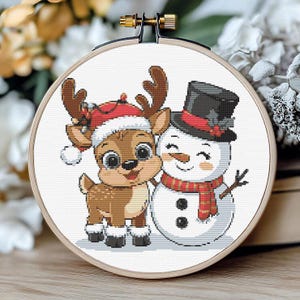 Christmas Cross Stitch Pattern – Funny Deer and Snowman Embroidery PDF, Holiday XStitch Chart Easy Pattern Gift for Kids Seasonal Art Winter