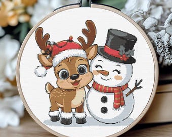 Wzór haftu krzyżykowego na Boże Narodzenie – zabawny jeleń i bałwanek w formacie PDF, świąteczny schemat XStitch, łatwy wzór na prezent dla dzieci, sezonowa sztuka, zima
