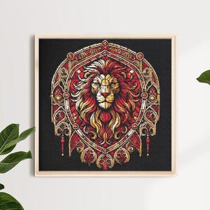 May include: Framed artwork depicting a lion's head in a stained-glass style. The lion has a red and gold mane, set against a black background. The frame is a light wood colour, and the artwork is a square shape.