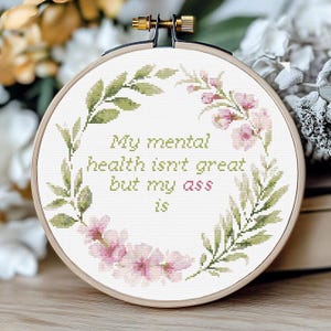 Positieve affirmaties kruissteekpatroon, motiverende citaten, snarky kruissteekpatroon subversief modern XStitch-diagram, bloemenkrans