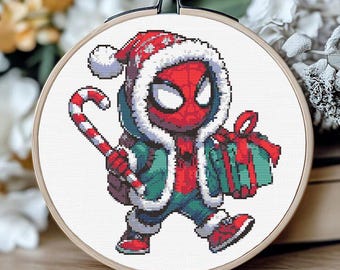 Wzór krzyżykowy na świątecznego Spidermana – zabawny superbohater w formacie PDF, świąteczny schemat XStitch, łatwy wzór na prezent dla fanów Marvela