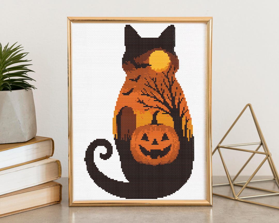 Halloween Cat Cross Stitch Pattern PDF - Black Cat, Pumpkin & Moon ...