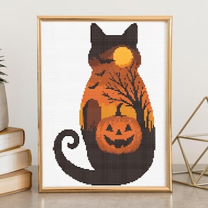 Halloween Cat Cross Stitch Pattern PDF - Black Cat, Pumpkin & Moon, Spooky Animal Landscape Xstitch Pattern Keeper Compatible Chart Easy