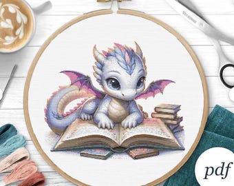 Dragon Cross Stitch Pattern, Back To School Cross stitch Dragon Embroidery Design, Book Cross Stitch, Cute Cross Stitch Modern PFD File Gift
