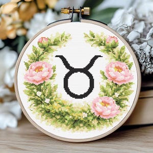 Taurus Cross Stitch Pattern, Zodiac Embroidery PDF – Taurus Astrology Sign, Floral Wreath Design, Counted XStitch Chart, Gift for Taurus