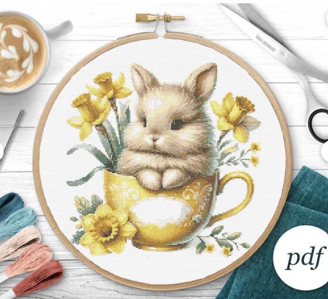Spring Bunny Cross Stitch Pattern | Easter Rabbit in Teacup ...