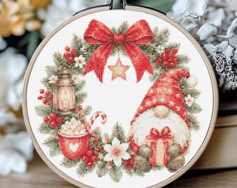 Christmas Wreath Cross Stitch Pattern | Holiday Gnome & Wreath PDF | Xmas Embroidery Pattern | Festive Winter Cross Stitch, Instant Download