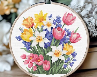 Spring Bouquet Cross Stitch Pattern PDF, Floral Embroidery Design, Tulips Daffodils Flowers, Easy DIY Needlework, Instant Download