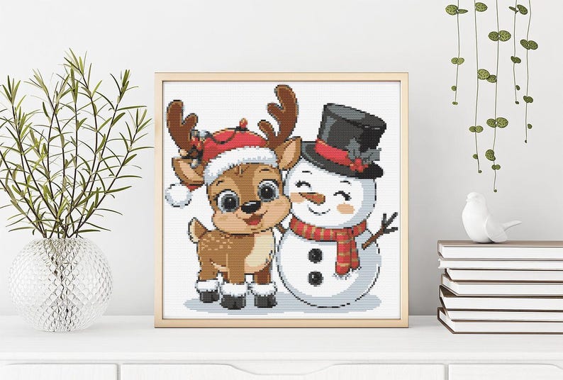 Christmas Cross Stitch Pattern – Funny Deer and Snowman Embroidery PDF, Holiday XStitch Chart Easy Pattern Gift for Kids Seasonal Art Winter