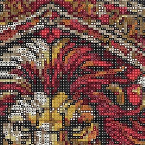 May include: A detailed cross-stitch pattern in red, gold, brown, and black. The design incorporates geometric shapes, symbols, and text, creating a textured and intricate visual effect. The overall theme is abstract and decorative, suitable for crafting.