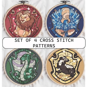 May include: Set of four cross-stitch patterns in wooden hoops. Each pattern features a different animal crest in shades of red, blue, green, and gold. The text "SET OF 4 CROSS STITCH PATTERNS" is displayed in a white rectangle.