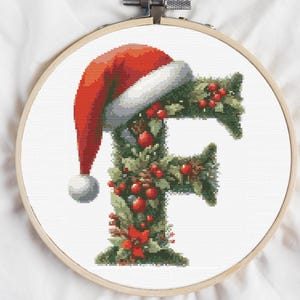 Può includere: Ricamo a punto croce della lettera "F" decorata con verde natalizio, bacche rosse e pigne. Un cappello di Babbo Natale rosso con finiture bianche e pompon è posto sopra la lettera. Il ricamo è in un telaio di legno, su sfondo bianco.
