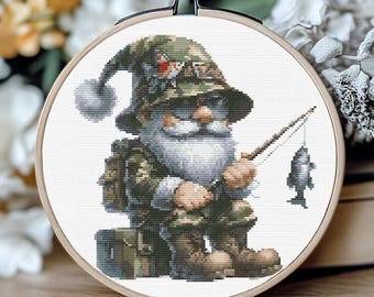 Fishing Gnome Cross Stitch Pattern, Fisherman Gnome Embroidery Design, Woodland Lake PDF, Rustic Cottagecore Needlework