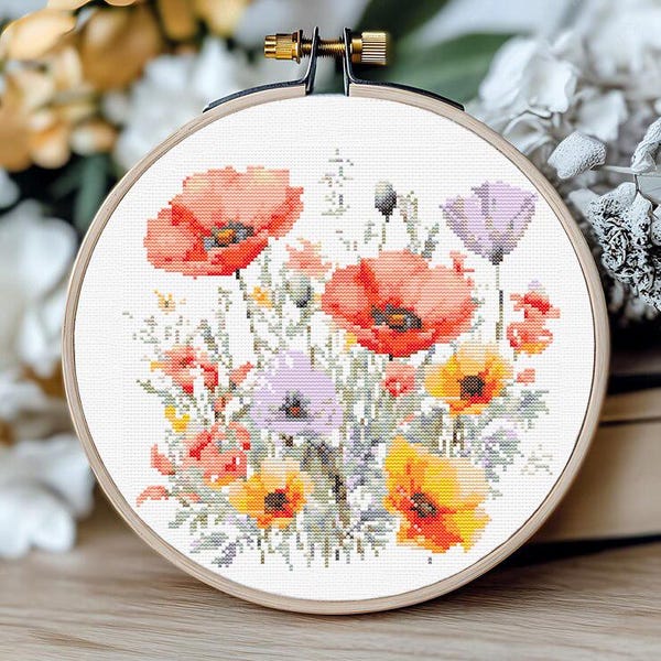 Wildflowers Cross Stitch Pattern PDF – Poppy Meadow Floral Embroidery, Vintage Style Counted Cross Stitch, Gift For Mom