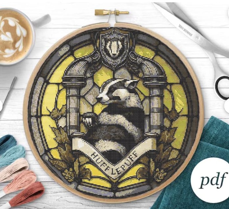 Halloween Cross Stitch Pattern Hufflepuff Harry Potter Hogwarts Magic School Embroidery Design Witchy Cross Stitch Full Cover Art Counted Instant Download Digital PDF File